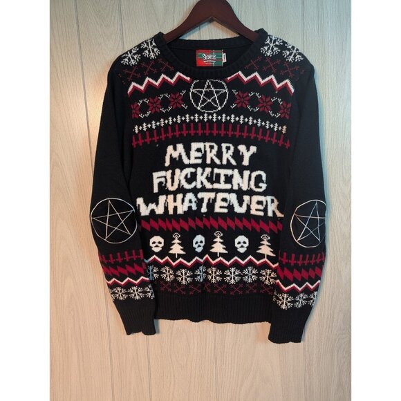 Ugly Christmas Sweater Other - Spencers “Merry F*****g Whatever” Ugly Christmas Sweater Elbow Patches Large Men